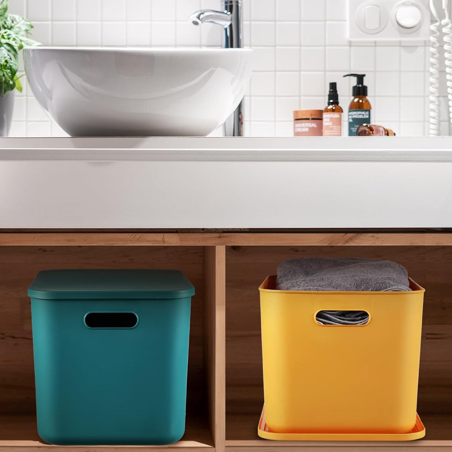 Hoolerry 8 Pieces Colorful Storage Bins with Lid, Plastic Storage Basket Organizing Container Stackable Box with Handle for Shelves Desktop Playroom Office(14.2 x 10.2 x 9.5 Inch,Multi-colored)