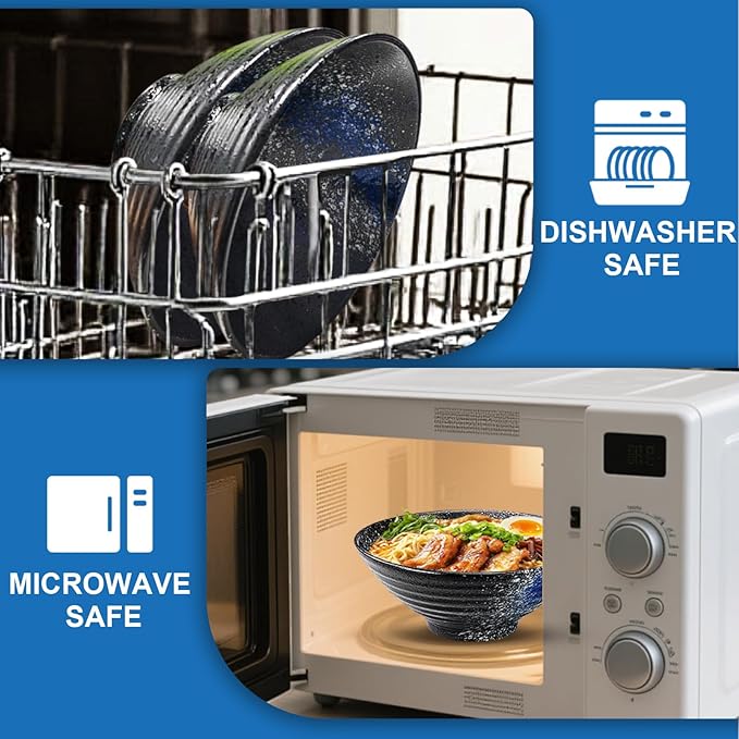 9.4Inch Ceramic Ramen Bowl Set of 4 (17 Piece) - Porcelain Japanese Salad Noodles Cereal Fruit Pasta Soup Large Bowls with Recipes Chopsticks Forks Spoons for Men Women Gift Microwave Dishwasher Safe