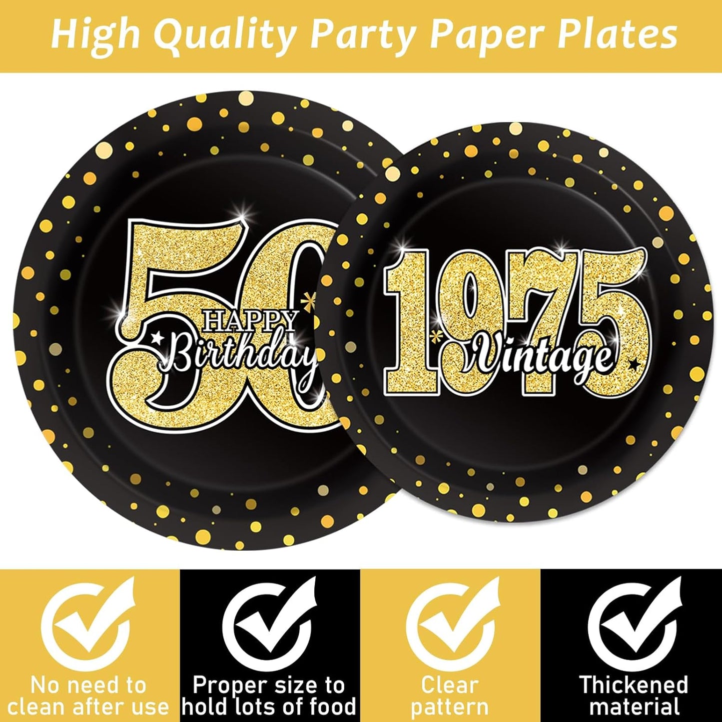 200PCS 50th Theme Birthday Party Tableware Vintage 1975 Party Supplies 50 year old Birthday Party Decorations Plates Napkins Forks Black and Gold Dinnerware Favors for Men or Women