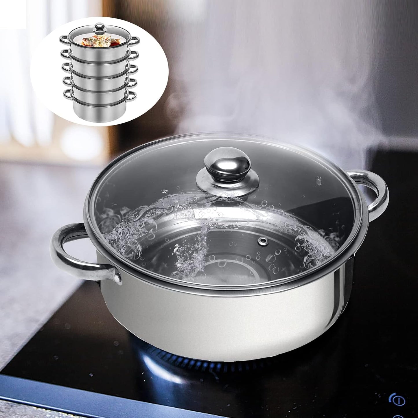 Steamer Pot Food-Grade Polished Stainless Steel Dumpling Steamer Cooker Multi-functional 5-layer Fast Heating 26cm/28cm/30cm (26cm)