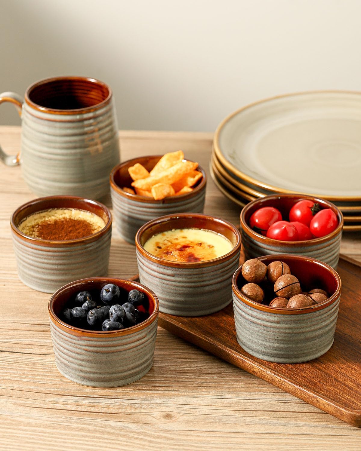 Hasense Creme Brulee Ramekins Oven Safe, 8 Ounce Ceramic Souffle Dish Set of 6, Small Dipping Sauce Bowls for Pudding, Souffle, Serving Dip, Custard, Ice Cream, Light Grey