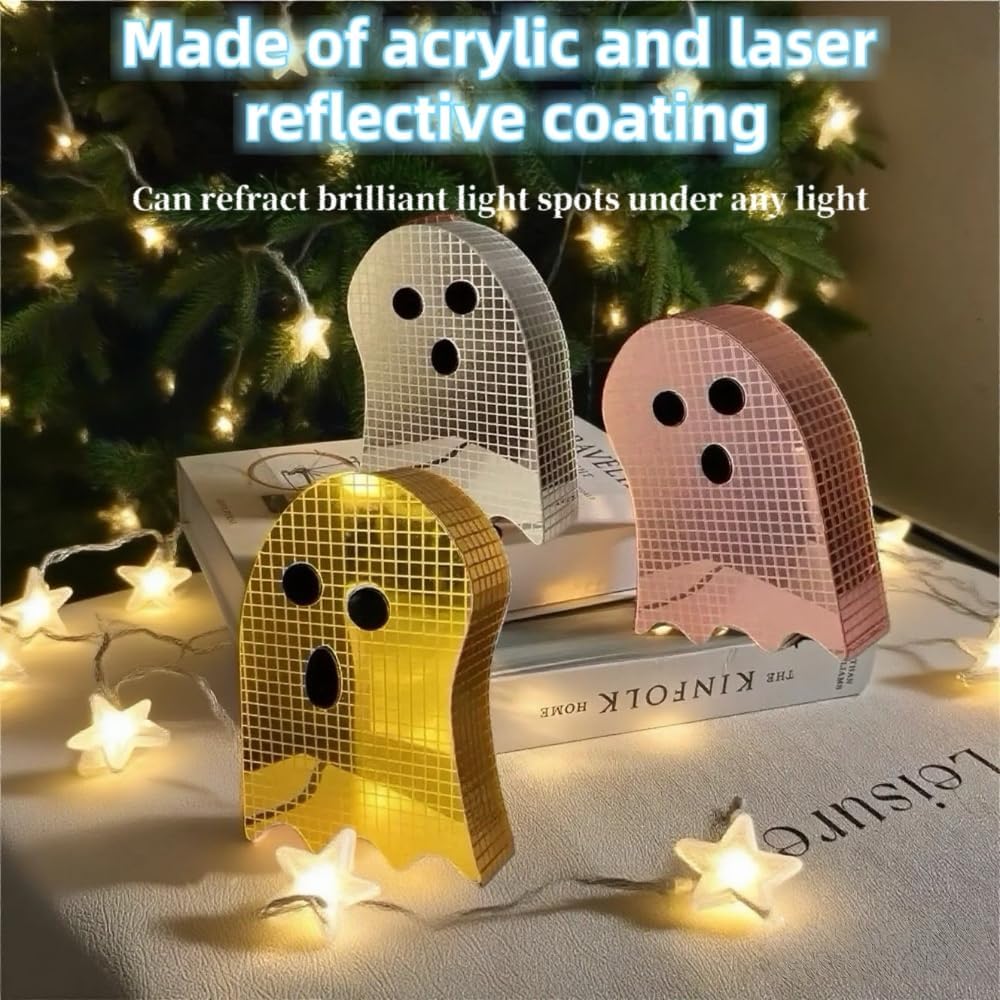 3 Pack Christmas Disco Laser Reflective Ghost Decor - 6 Inch Ball Table Centerpiece for Tiered Tray, Spooky Party & Home Decor, Sparkling Gothic Kitchen Desktop Decoration (Silver+Pink+Golden)