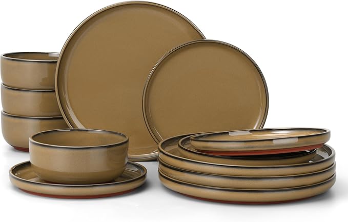 E-far Stoneware Dinnerware Sets for 4, 12 Pieces Reactive Glaze Plates and Bowls Sets, Elegant Dishes with Rustic Terracotta Base, Dishwasher & Microwave Safe, Scratch Resistant, Deep Camel