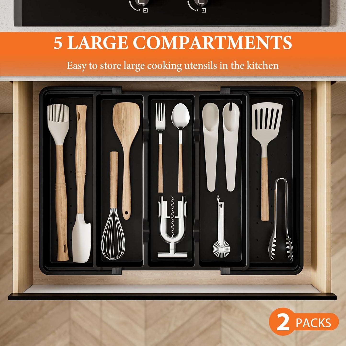 Silverware Organizer, Expandable Utensil Drawer Organizer for Kitchen Drawers, Kitchen Drawer Organizer for Spoons/Forks/Knives, Multipurpose & BPA Free Cutlery Tray, Black, 2 Pack