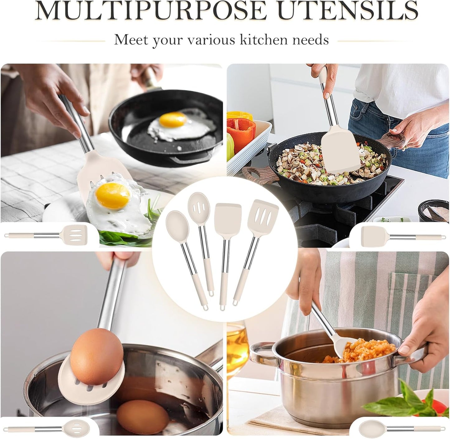 TeamFar Kitchen Utensils, 4 PCS Silicone Cooking Utensils Spatula Spoon Set with Stainless Steel Handle, for Frying Mixing Draining Turning, Healthy & Heat-proof, Non-stick & Dishwasher Safe - Khaki