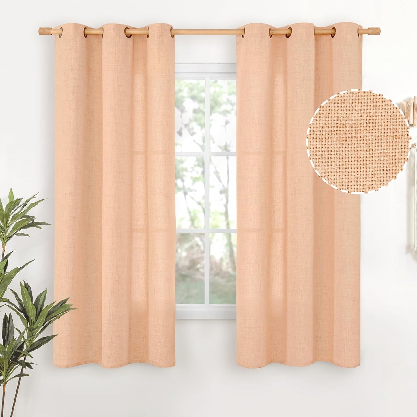 YoungsTex Linen Curtains 63 Inches Length for Living Room, Light Filtering Textured Short Window Drapes with Bronze Grommet Privacy for Bedroom Bathroom, Peach, 42 x 63 Inch, 2 Panels