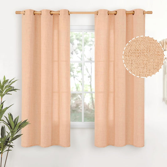 YoungsTex Linen Curtains 63 Inches Length for Living Room, Light Filtering Textured Short Window Drapes with Bronze Grommet Privacy for Bedroom Bathroom, Peach, 42 x 63 Inch, 2 Panels