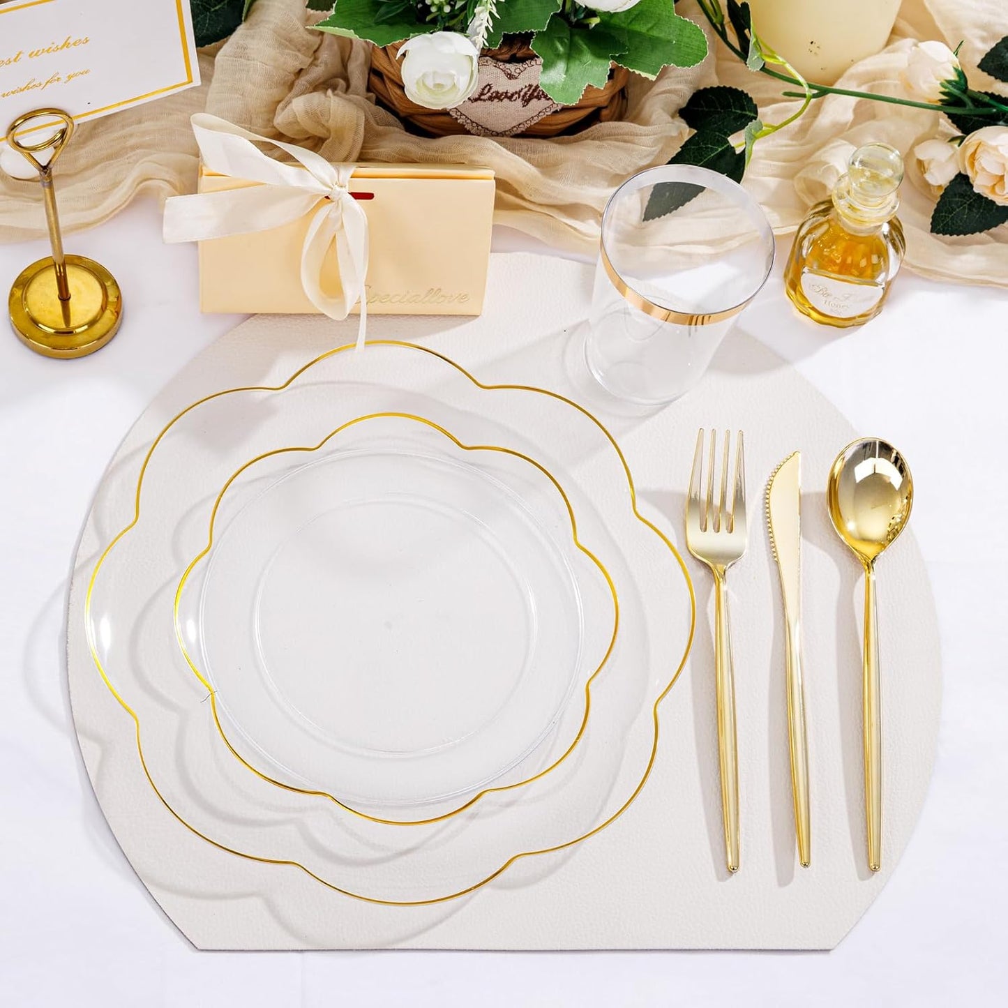 EI 180pcs Clear and Gold Plastic Plates with Gold Plastic Silverware, Plate for Party,Disposable Dinnerware Set,Disposable Plates Heavy Duty Clear Golden Cups for Wedding,Birthday