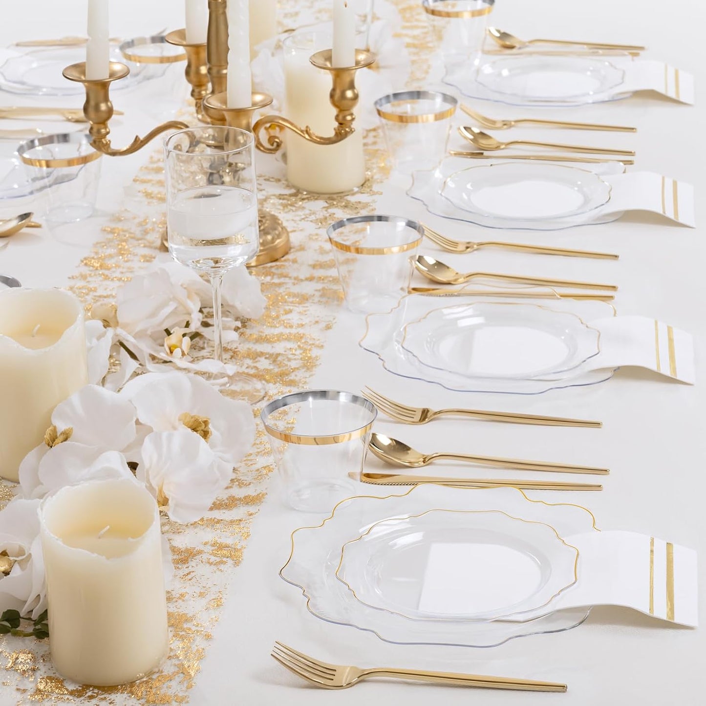 WDF 350Pcs Clear and Gold Plastic Plates - Heavy Duty Clear Plates Disposable - Gold Dinnerware Sets of 100 Plastic Plate 150Silverware 50 Cups 50 Napkins for Wedding/Party/Thanksgiving