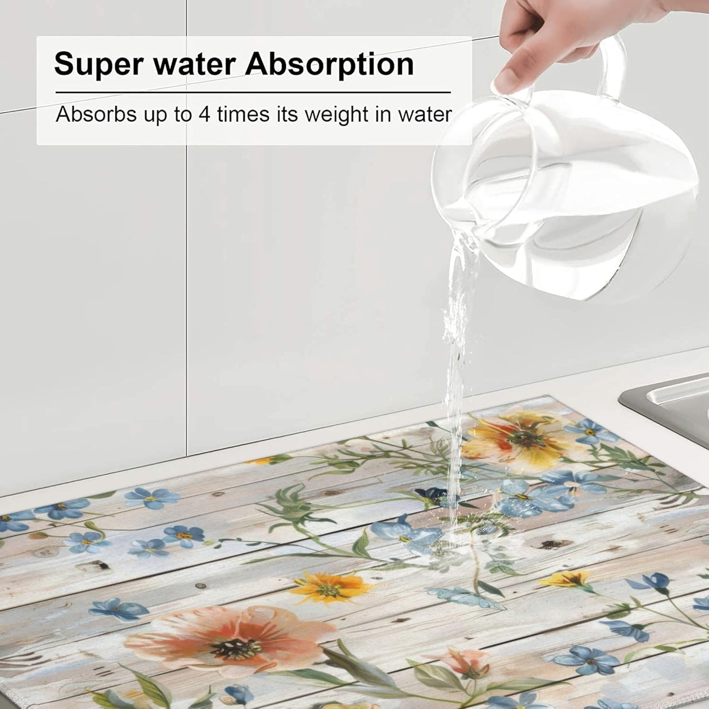 Flowers on Wooden Board Dish Drying Mat 18x24 Inch, Microfiber Absorbent Fast Dry Mat Floral Large Dish Mat Drying Kitchen Mat, Kitchen Drying Pad for Kitchen Counter Coffee Bar Decor Gifts