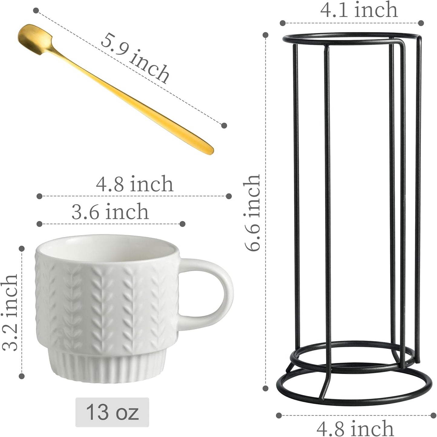 Stackable Coffee Mugs, Coffee Mug Set of 4 with Spoons & Stand, 13oz Espresso Cups for Drinks Latte Cappuccino Tea, Coffee Cup for Housewarming Birthday Gift, Dishwasher Safe, White