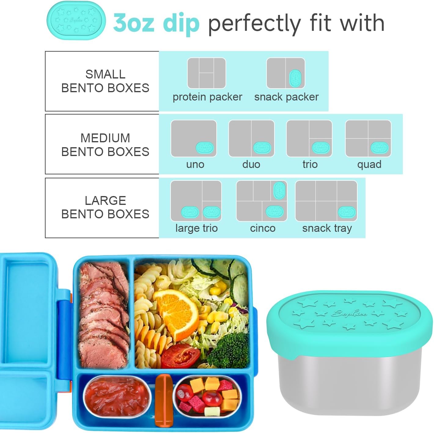 SOPHICO Stainless Steel Salad Dressing Condiment Containers with Leakproof Silicone Lids, 3 oz Mini Sauce Container and Portion Bento Box of Kids Lunch to Go for Snack, Dessert (MIX, 4 PACK)