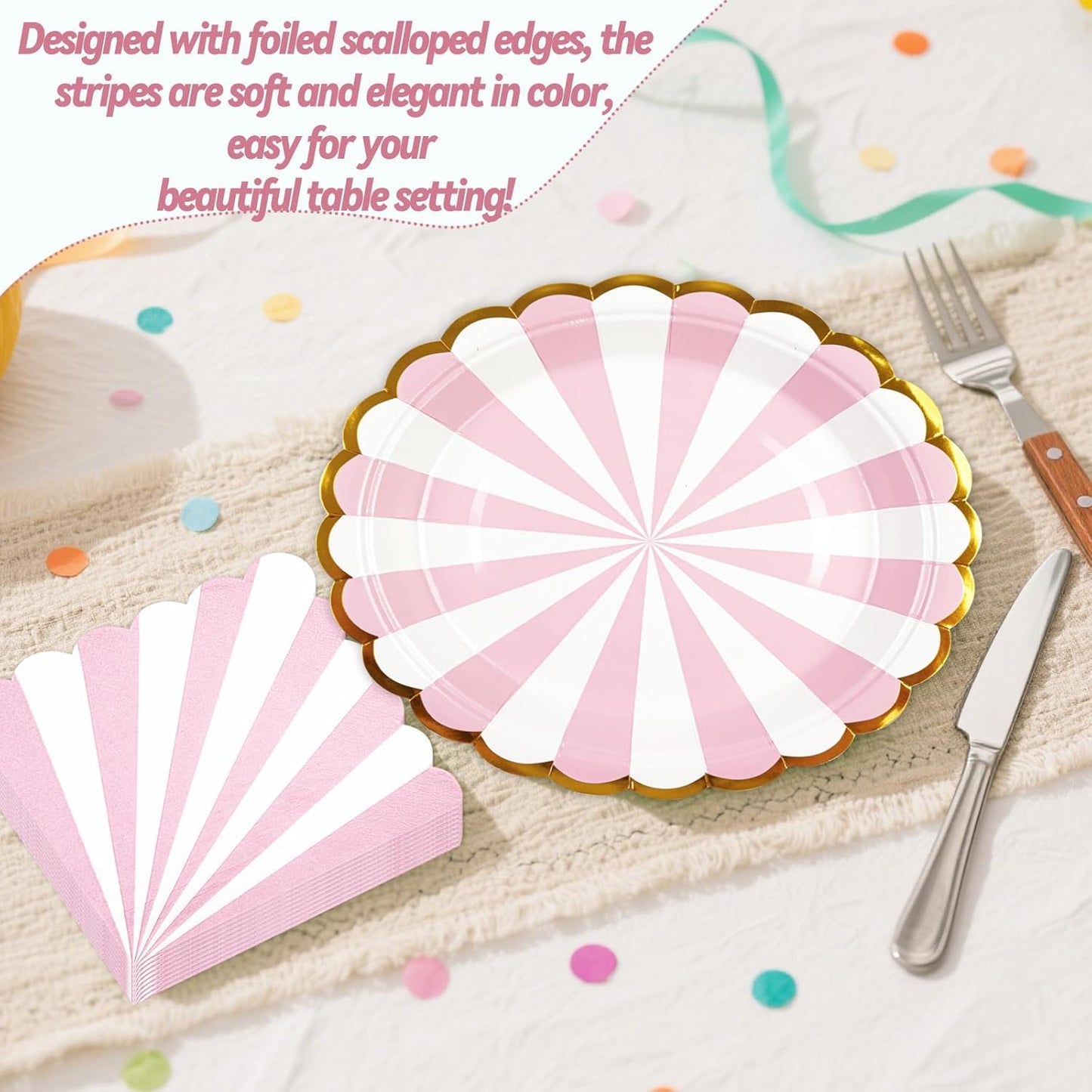 50PCS Pink Striped Paper Plates and Napkins Party Supplies, 7 inch Disposable Gold Foil Scalloped Dessert Plate Party Dinnerware Set for Birthday Wedding Bachelorette Baby/ Bridal Shower Decorations