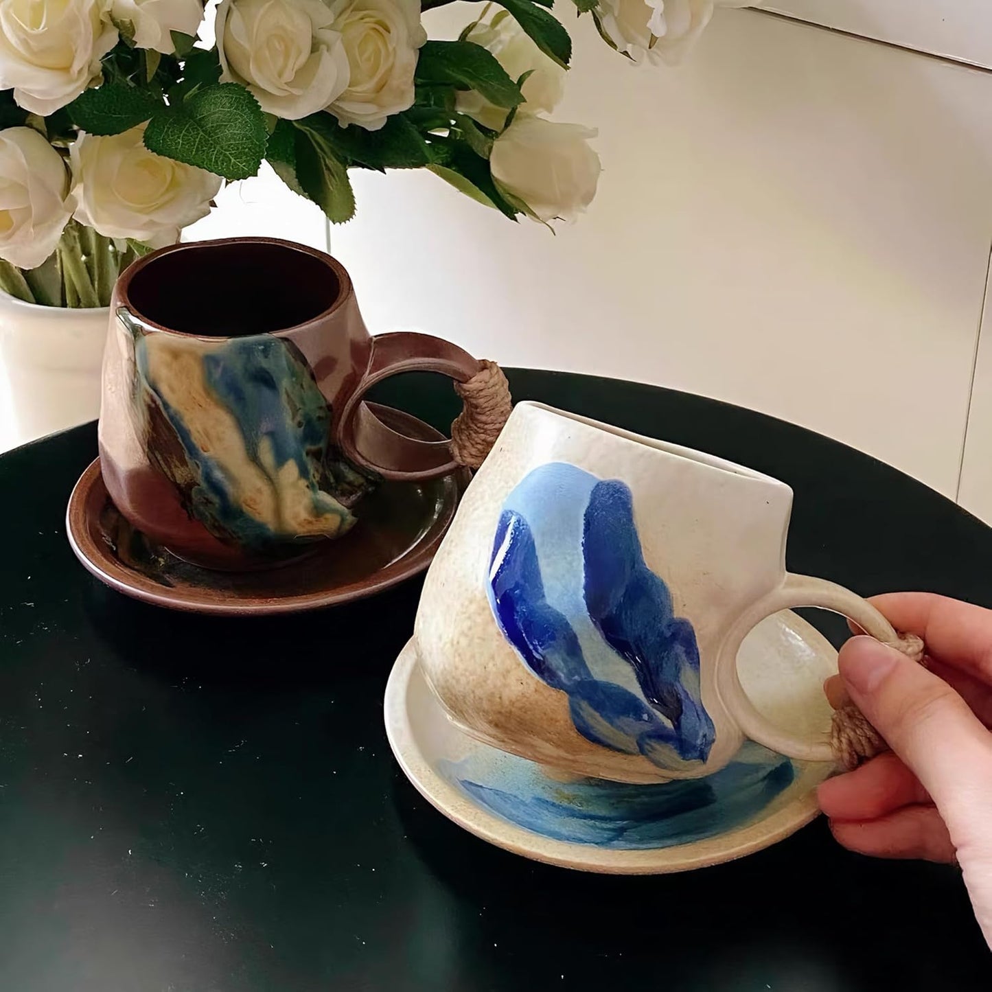 10oz Unique Vintage Retro Japanese Handmade Ceramic Cappuccino Barista Cup with Saucer – Artisanal Stoneware Coffee Mug, Lead-Free Latte Art Mug (1, White)