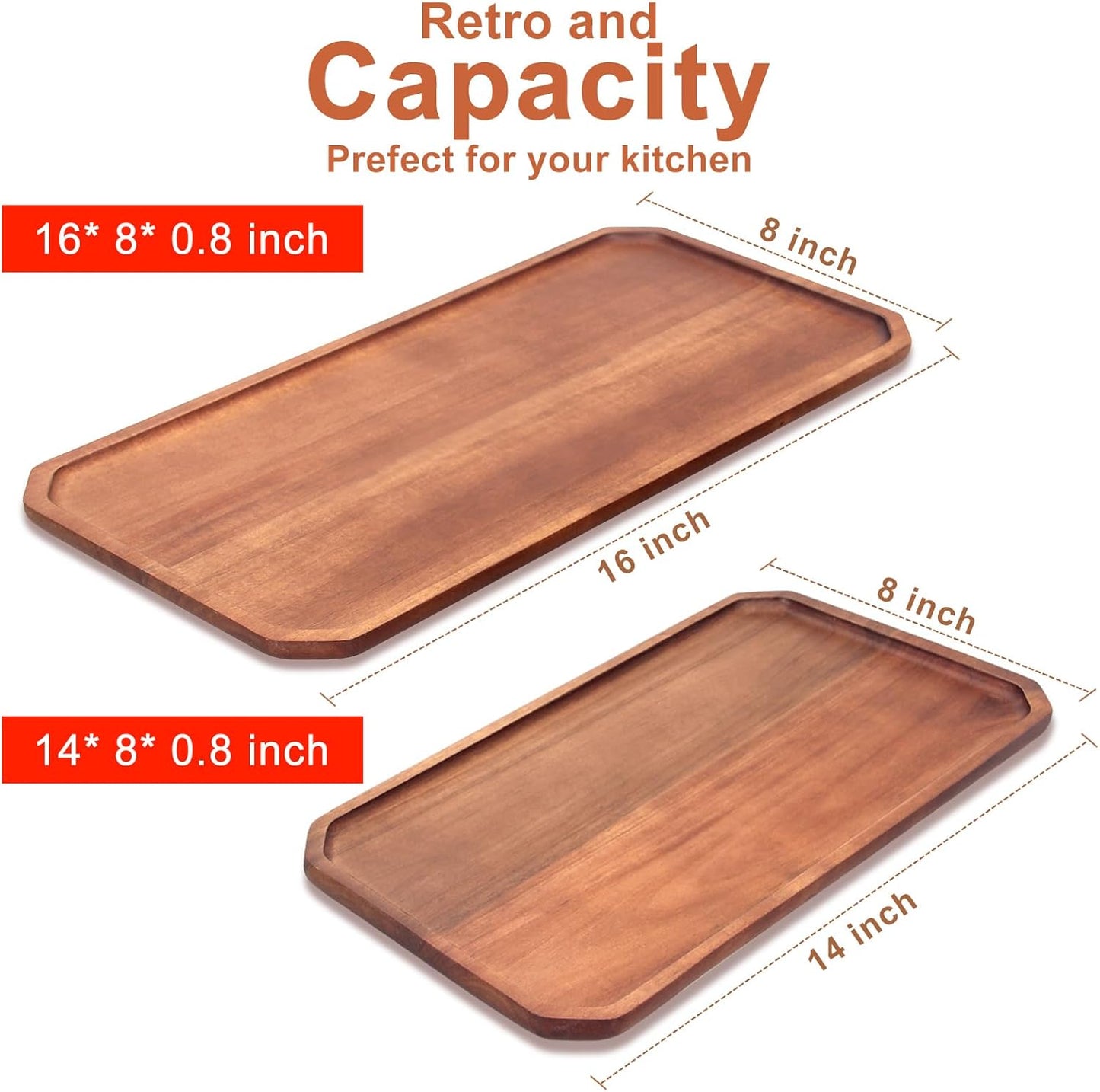 Large Acacia Wood Serving Platters - Wooden Charcuterie Boards, Decorative Platter for Fruit, Food, Cheese - Rectangle Plate Kitchen Counter Tray