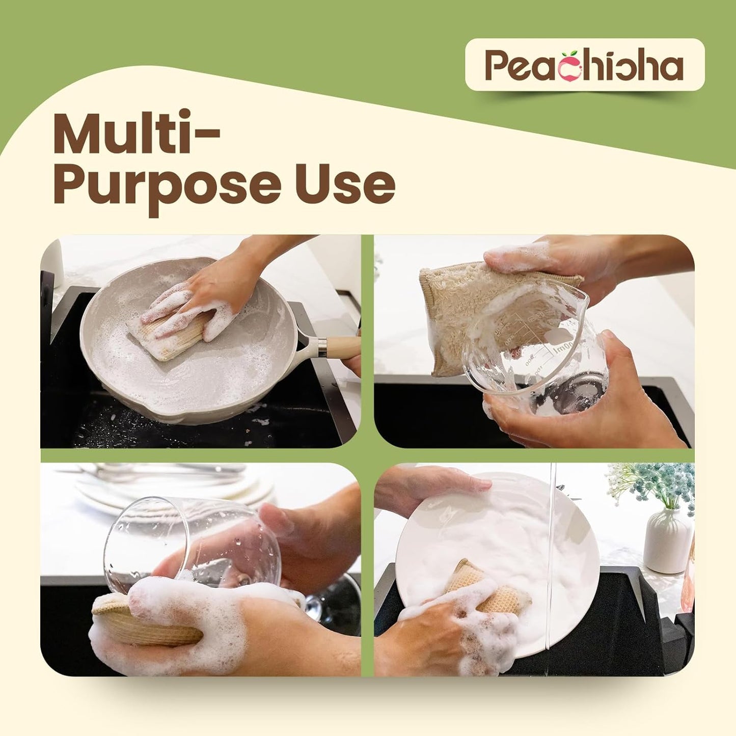 Bamboo Sponges for Dish Washing Reusable Dish Sponge Multi Use Kitchen Sponges Non-Scratch Reusable Cleaning Pads for Dishes, Pots and Pans, Pack of 5