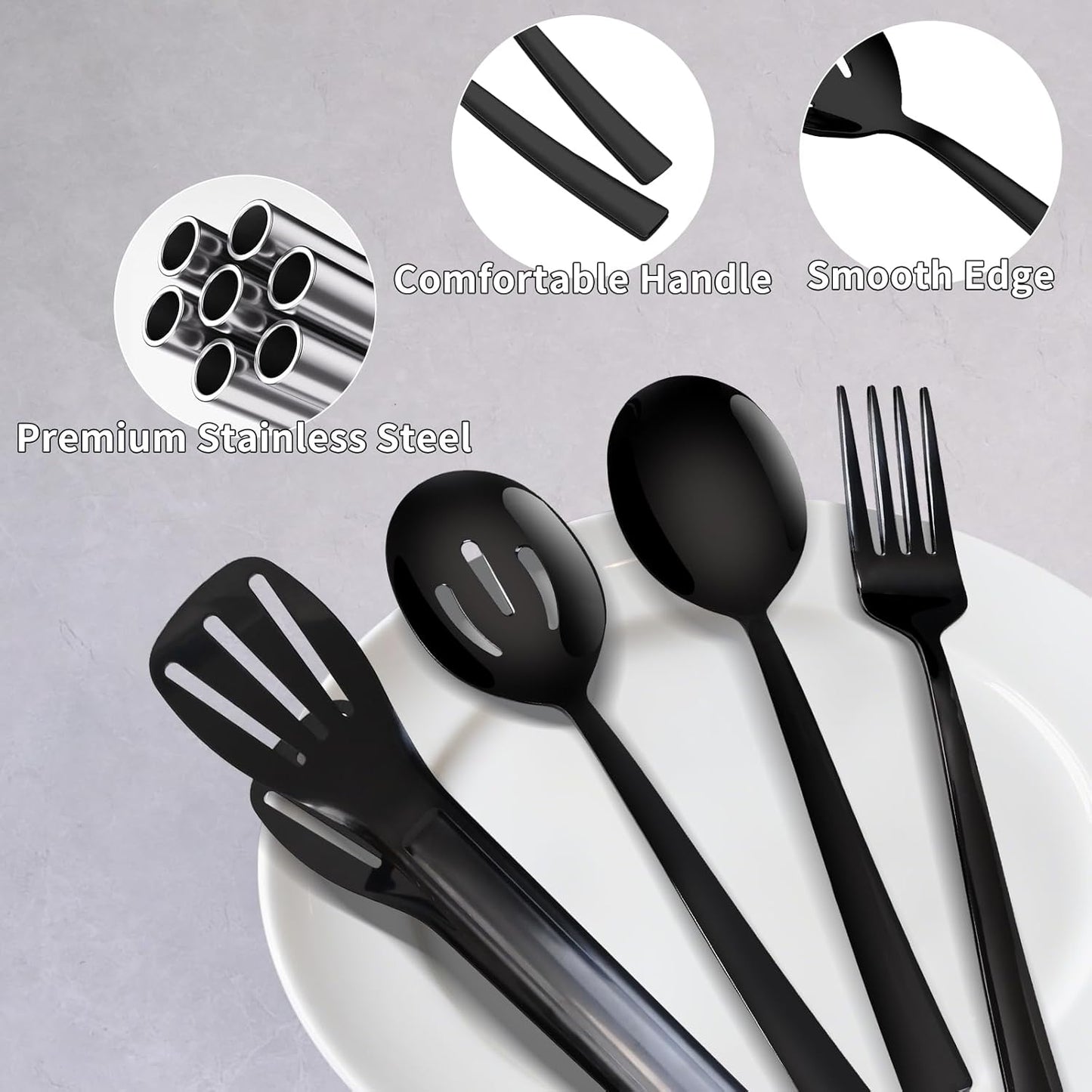 10 Piece Serving Utensils, Amafox Stainless Steel Utensils Set Include Large Spoons, Slotted Spoons, Forks,Appetizer Tongs 9'', Cake Server,Butter Knife, for Buffet Catering Banquet Party(Black)