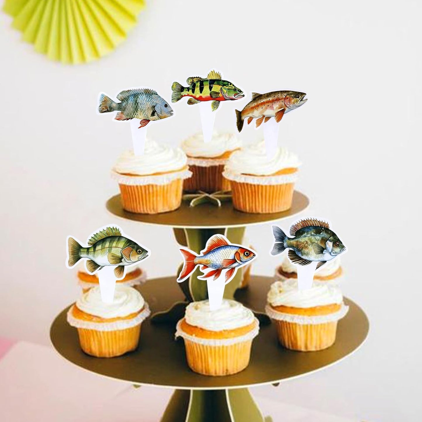 24pcs Fish Cupcake Toppers Go Fishing Theme Decorations Baby Shower Boys Girls Happy Birthday Party Tropical Party Cake Picks Under The Sea Decoration Supplies（two-sided）