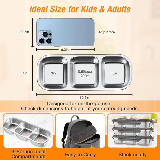 Stainless Steel Snackle Box Container - 3 Compartment Reusable Snack Containers with Lids for Kids, Leak-Resistant Divided Snack Food Storage Containers for School, Office, Travel (Gray)