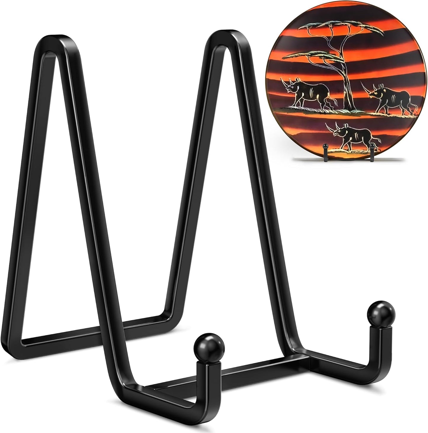 4 Pack Plate Stands for Display - 4.5 Inch Metal Square Wire Plate Holder Display Stand + Picture Frame Stand Holder Easel for Book, Decorative Plate, Plaque, Photo, Platter (Black)