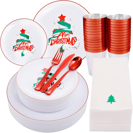 WDF 175pcs Christmas Plates Dinnerware - 25 Guests Unquie Desgin Red Plastic Plates with Green Christmas Tree Pattern, Red Plastic Cutlery, Clear Red Cups and Christmas Tree Napkins