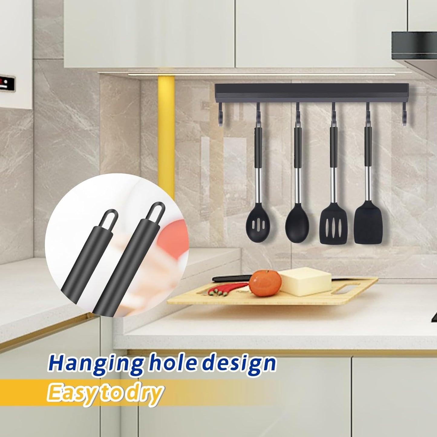 Silicone Kitchen Cooking Utensils Set 5-Piece BPA-Free Heat-Resistant Non-Stick & Dishwasher-Safe, with Slotted/Solid Spoons & Spatulas for Frying,Draining – Includes Multi-Purpose Serving Hook(Black)