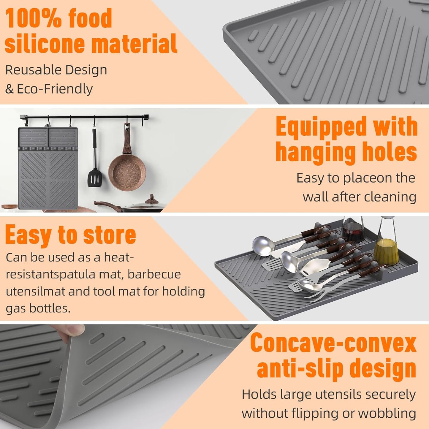 Silicone Grill Mat Compatible with Blackstone, Silicone Griddle Tools Mat with Drip Pad, Spatula Mat for Outdoor Grill Kitchen Counter (Grey)