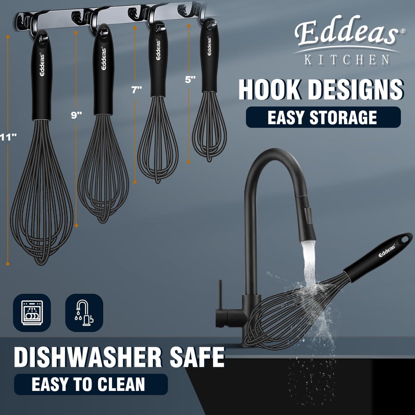 Silicone Whisk - Non Scratch Whisks for Cooking, 500°F Heat Resistant Siliocne Wisk tool, Heavy Duty Kitchen Whisks, for Blending, Beating, set of 4 (5+7+9+11 inch) Black