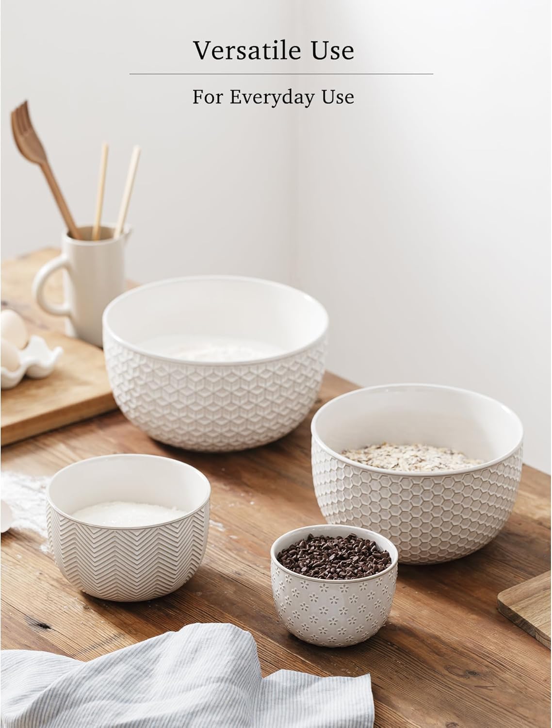 Ceramic Mixing Bowls, Embossed Nesting Bowls, Mixing Bowl Set of 4, Mixing Bowls for Cooking, Baking, Serving, Popcorn, Salad etc, Microwave and Dishwasher Safe, 20/47/99/148 oz, Off-White