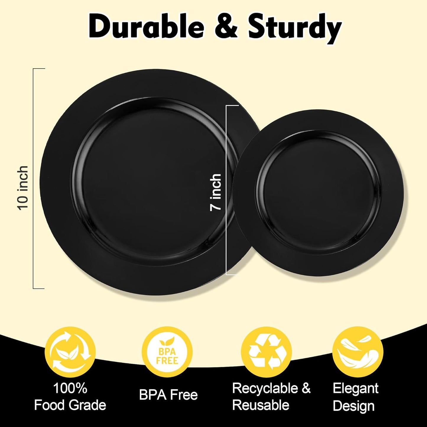 100 PCS Black Plastic Plates, Plastic Halloween Disposable Plates Include 50 10 inch Dinner Plate and 50 7 inch Dessert Plate Perfect for Party, Wedding,Halloween