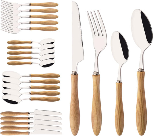 304 Stainless Steel Flatware Silverware Set with Wooden Handles, Rustic Tableware Cutlery Set for 6, Natural Wood Grain Knives Forks Spoons Set, (24 PCS, White Ash Wood Handle)
