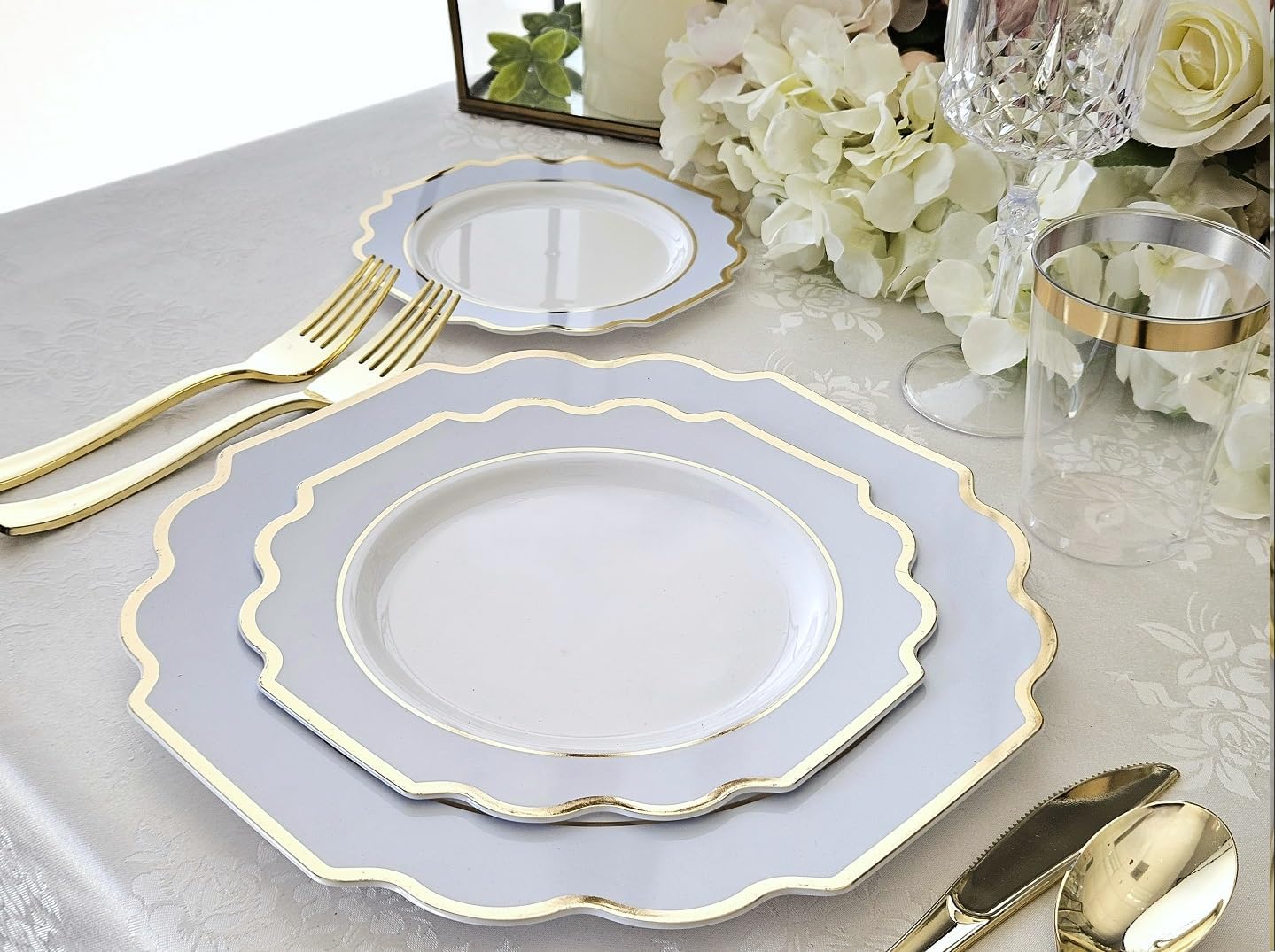 " OCCASIONS " 240 Plates Pack (120 Guests) Heavyweight Wedding Party Disposable Plastic Plates Set -120 x 10.5'' Dinner + 120 x 8'' Salad/Dessert Plate (Imperial in White/Blue & Gold)