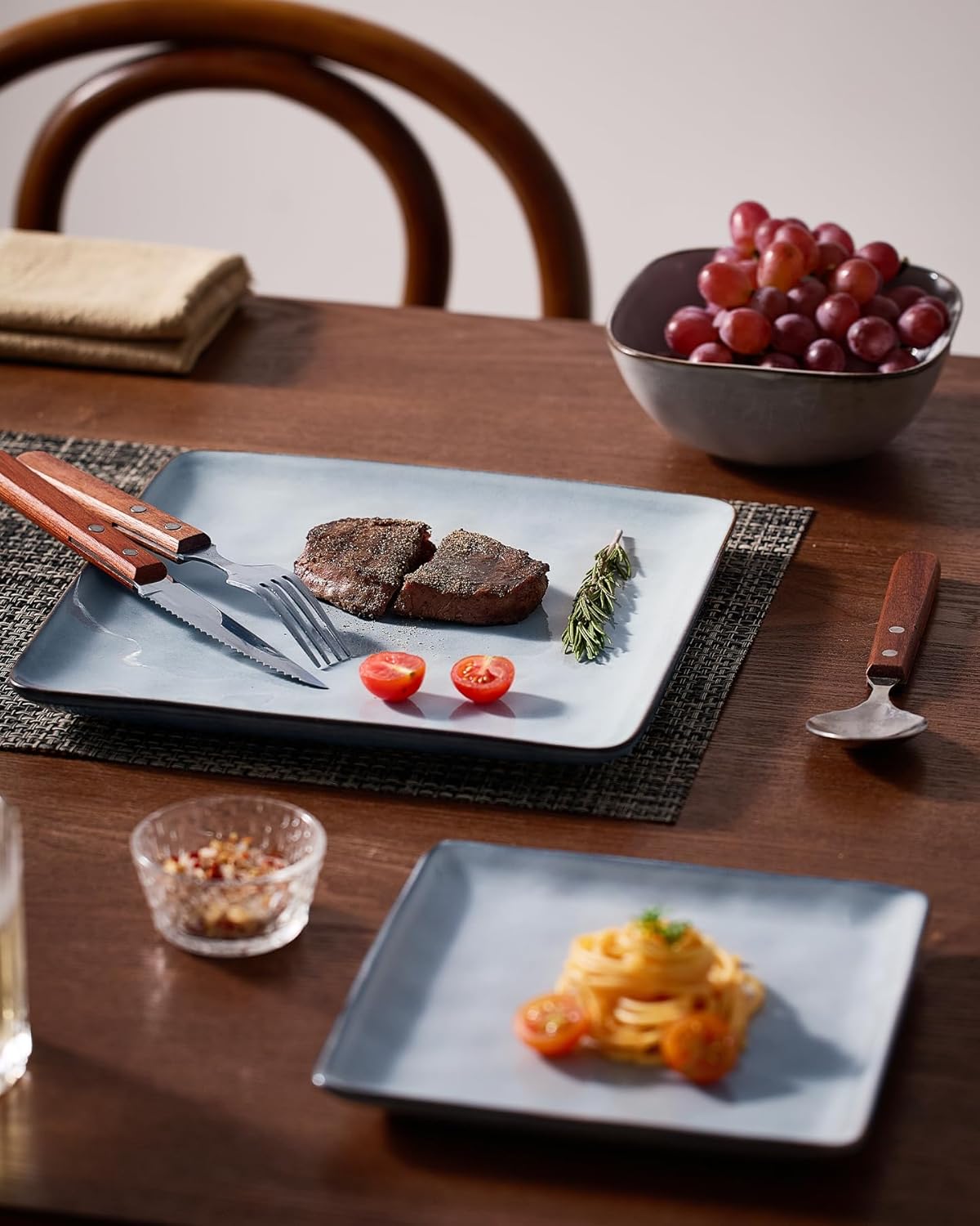 Famiware Ocean Square Plates and Bowls Set, 18 Pieces Dinnerware Sets, Dishes Set for 6, Reactive Glaze, Microwave and Dishwasher Safe, Scratch Resistant, Grey