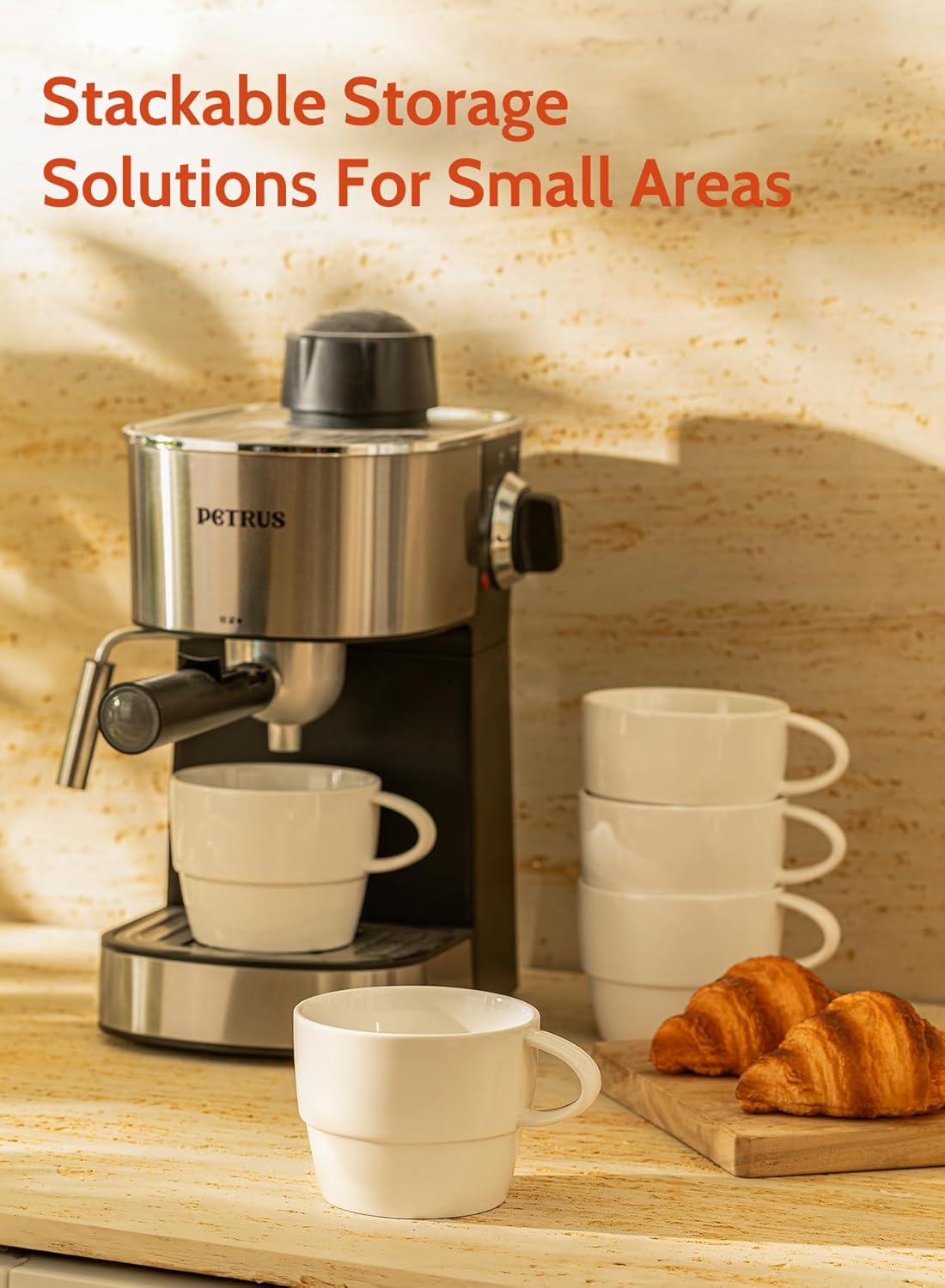 Sweese 6-Pack Porcelain Latte Cups - Stackable 10 Ounce Coffee Mugs for Cappuccino, Mocha, Tea - Space-Saving, Chip-Resistant - Dishwasher Friendly – Ideal for Home and Café, White