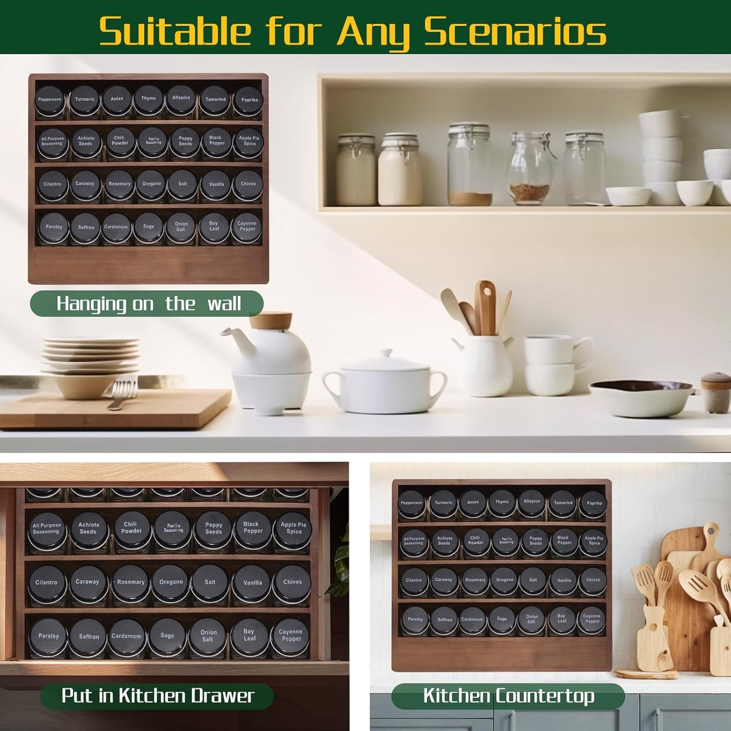 Bamboo Tiered Spice Rack Organizer for Cabinet,Wooden Seasoning Rack for Countertop, Cupboard, Pantry, Kitchen (Spice Jars Not Included)