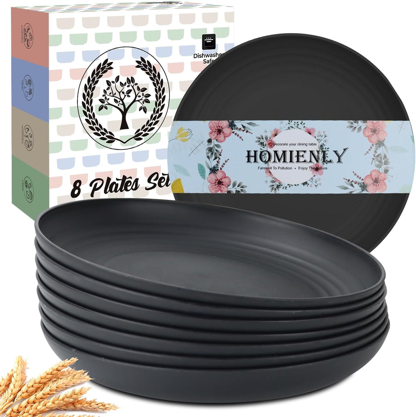 Homienly Dinner Plates Set of 8 Alternative for Plastic Plates Microwave and Dishwasher Safe Wheat Straw Plates for Kitchen Unbreakable Plate Set (Black, 10 inch)