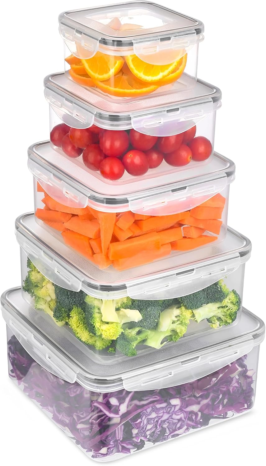 5pc Food Storage Containers with Lids, Airtight Leakproof BPA Free Plastic Meal Prep Boxes, Stackable Nesting Kitchen Containers, Reusable Freezer Dishwasher Safe for Snacks, Fruit & Leftovers