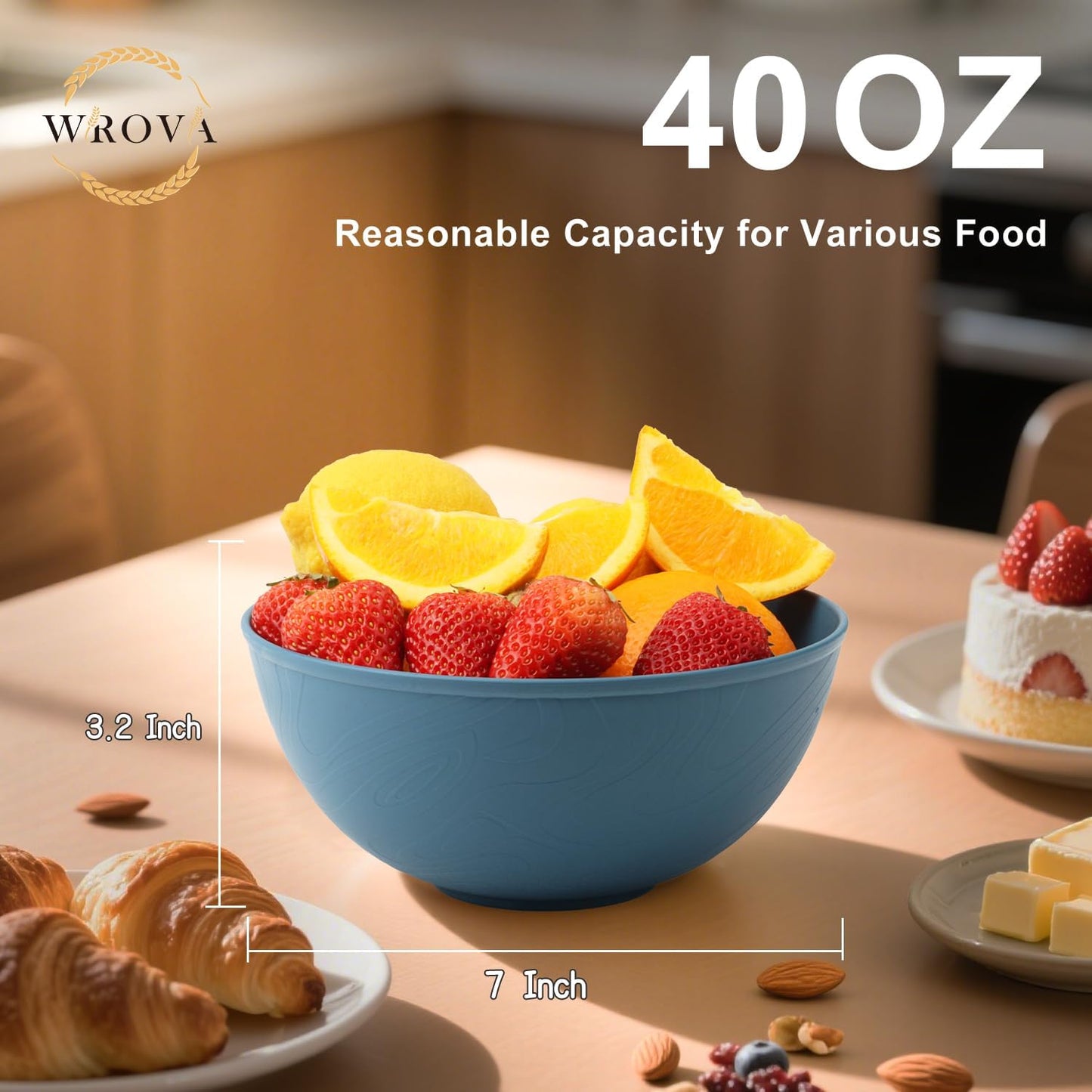 Wrova Wheat Straw Salad Bowls for Kitchen set of 6,Anit-Scald Thick Soup Bowls 40oz,Microwave and Dishwasher Safe Bowl set easy to clean. Blue