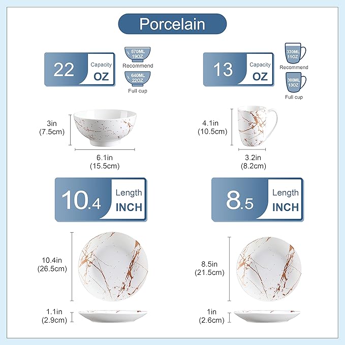 LOVECASA White Dinnerware Sets for 4, 16 Piece Porcelain Dish Set Plates and Bowls Sets, Gold Splash Glaze Ceramic Dinner Set with Mugs, Dishwasher Microwave Safe