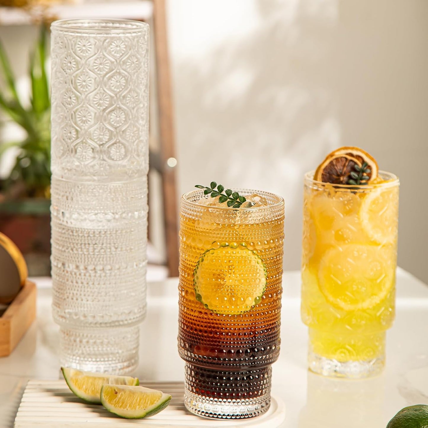 16oz Drinking Glasses Set of 4, 2 Hobnail Glasses & 2 Embossed Water Goblets, Flower Design Stackable Vintage Tumbler Glasses, Old Fashion Beaded Glass Cups for Cocktail, Iced Coffee, Beer