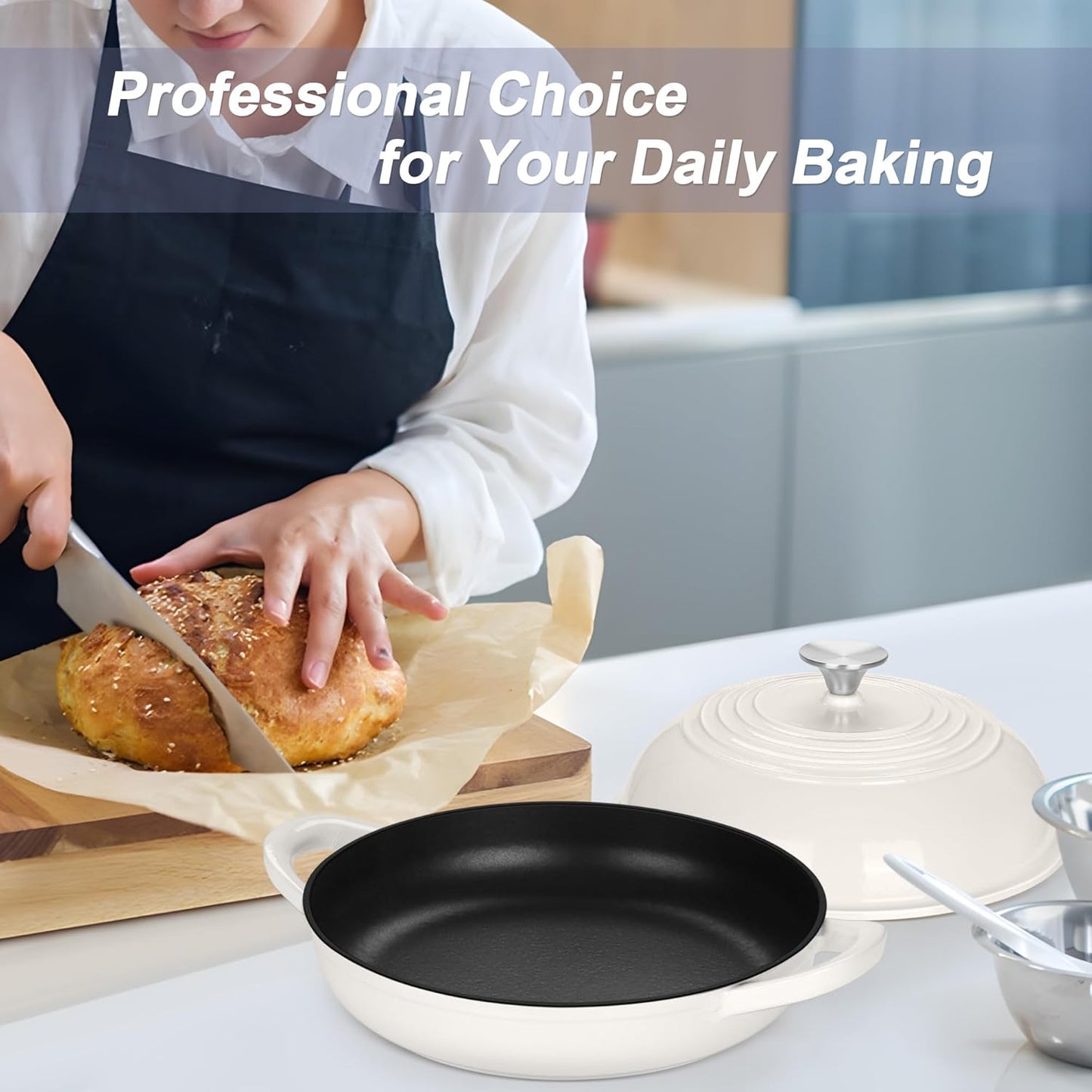 TeamFar Cast Iron Bread Dutch Oven, 6 Qt Enameled Dutch Oven Pot for Sourdough Bread Baking, with Tall Dome Lid & Round Base Pan, Self-Basting & Even-Heating, Heavy-Duty & Non-stick, White