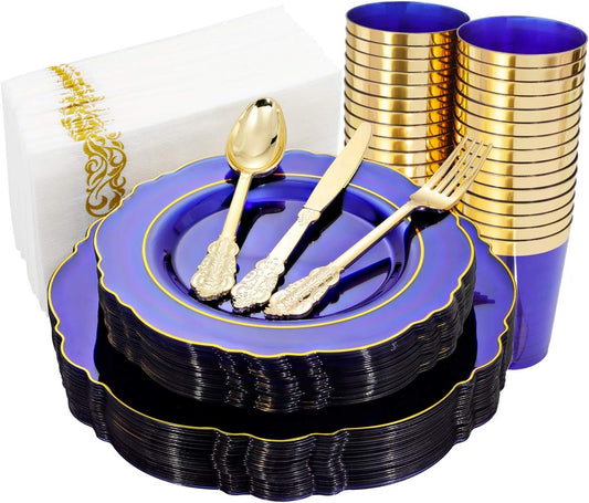 KIRE 210Pcs Blue Plastic Plates with Gold Rim& Disposable Plastic Silverware &Blue Cups&Hand Napkin- Baroque Clear Dinnerware for Parties/Wedding