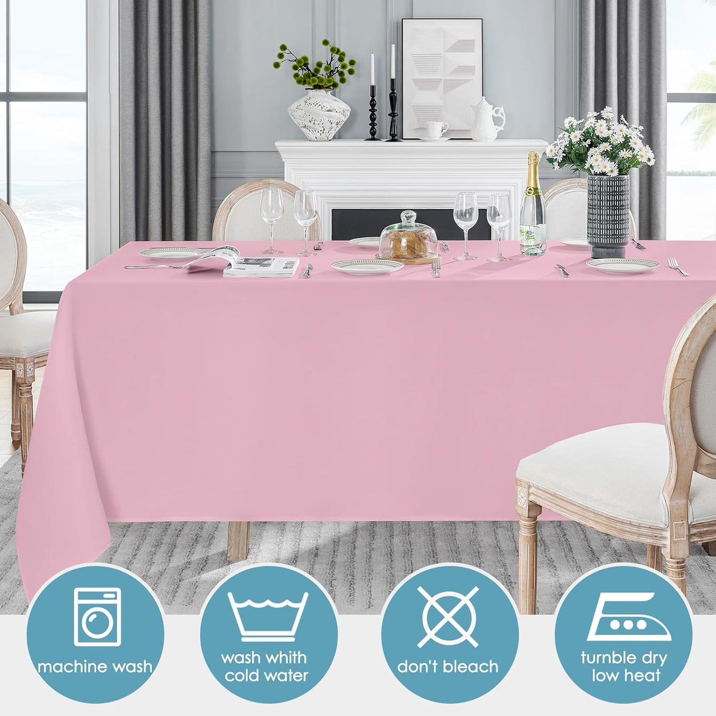VidaFete 2 Pack 90 * 132inch Rectangle Table Cloth Polyester, Stain Wrinkle Resistant Polyester Dining Table Cover for Kitchen Dinning Party Wedding Rectangular Table Buffet Decoration(Pink)