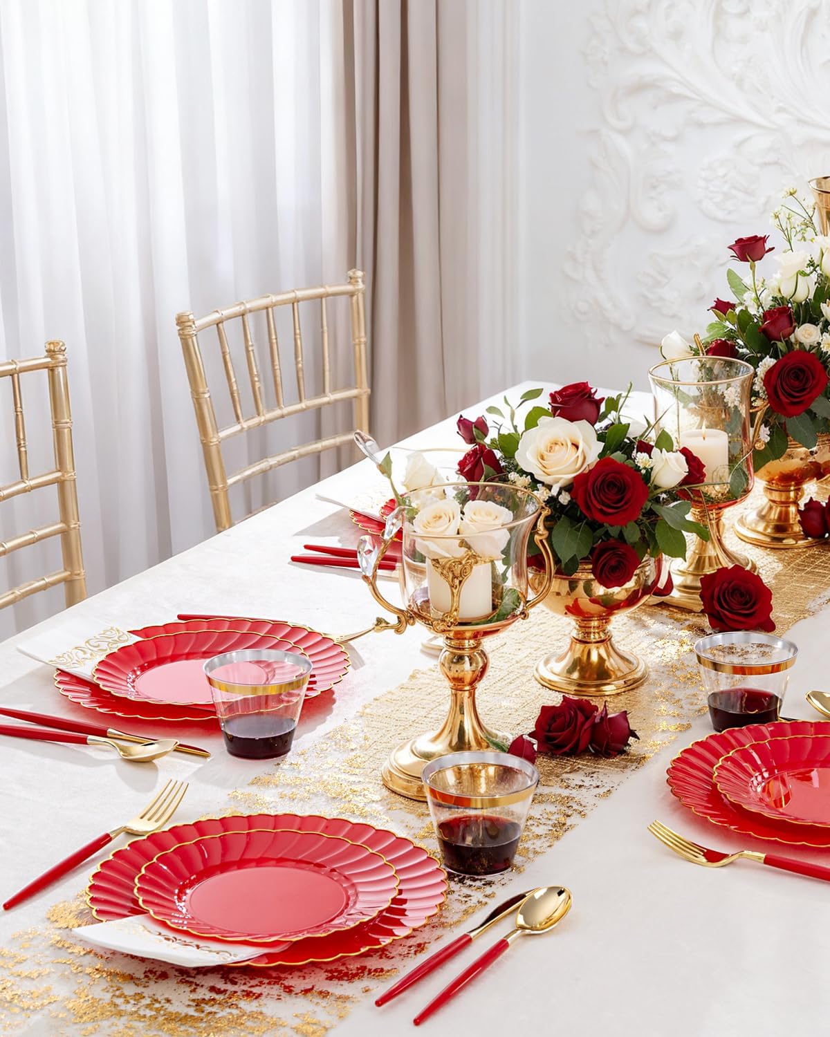 Ciaell 175 PCS Red Scalloped Plastic Plates with Gold Trim - Red Plastic Silverware with Handle - Fancy High-End Dinnerware Sets for Wedding & Showers & Party & Christmas (25 Guests)