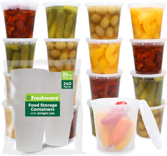 Freshware Food Storage Containers [240 Set] 24 oz Plastic Deli Containers with Lids, Slime, Soup, Meal Prep Containers | BPA Free | Stackable | Leakproof | Microwave/Dishwasher/Freezer Safe
