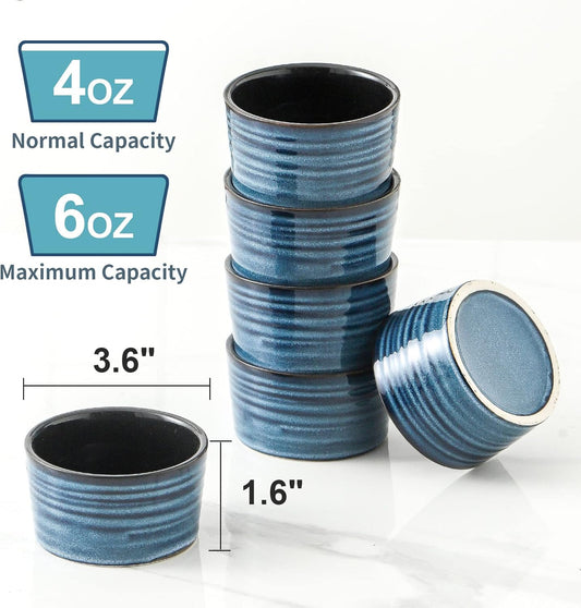 Ceramic Ramekins 6 oz, Oven Safe Souffle Dish Set of 6 for Baking, Porcelain Dipping Sauce Bowls for Creme Brulee,Stackable Custard Cups for Pudding, Ice Cream, Lava Cakes, Blue