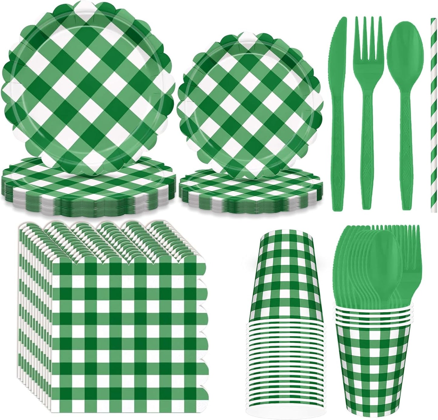 192 PCS Gingham Party Supplies Serve 24 Guests Gingham Plates and Napkins and Cups for Birthday Decorations Baby Shower Checkered Party Dinnerware Sets for Girl Boy Dark Sage Green Christmas