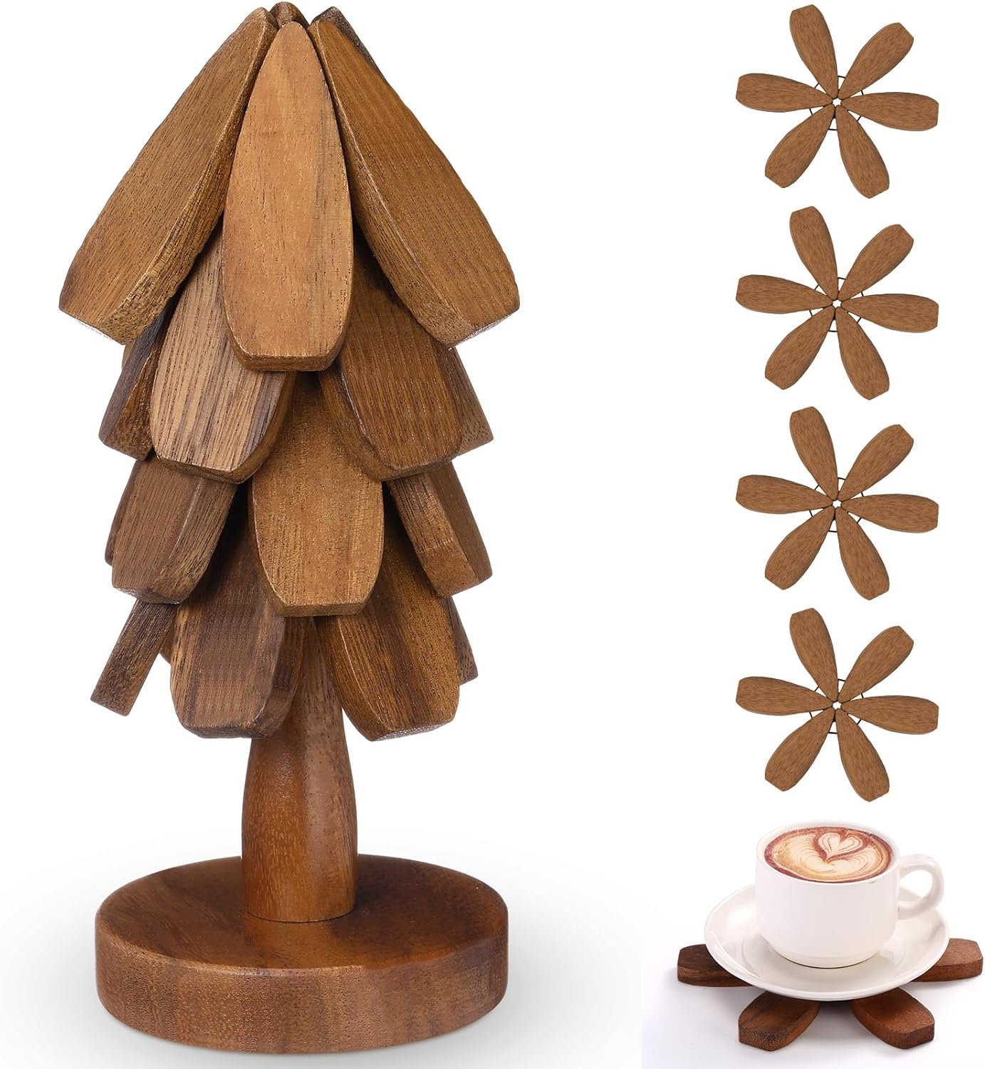 Wooden Tree Coaster Trivets Wood Trivets Set for Hot Dishes Set of 4 Christmas Tree Shape Foldable Wooden Coaster and 1 Stand Natural Trivet for Cups Plates Bowls Pots(Black Walnut Color)