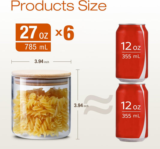 Glass Jars with Bamboo Lids 27 FL OZ [Set of 6], Glass Canisters with Airtight Lids, Glass Food Storage Containers for Coffee, Sugar,Tea, Candies, Cookies,Best for Kitchen & Pantry