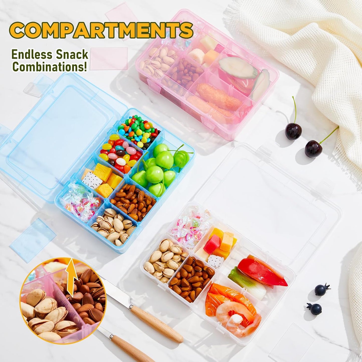 Thyle 3 Pcs Snack Box Container 8 Compartments Snack Containers Reusable Transparent Lunch Box Organizer Small Plastic Food Storage with Lids for Meal Prep School Work Travel (Clear Blue Pink)